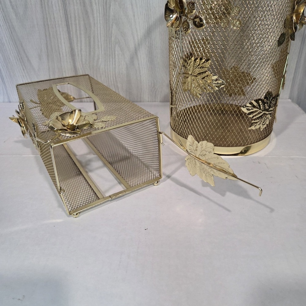 MCM Gold Brass Metal HOLLYWOOD REGENCY Rnd TRASH CAN Kleenex Wastebasket Set - Picture 3 of 4
